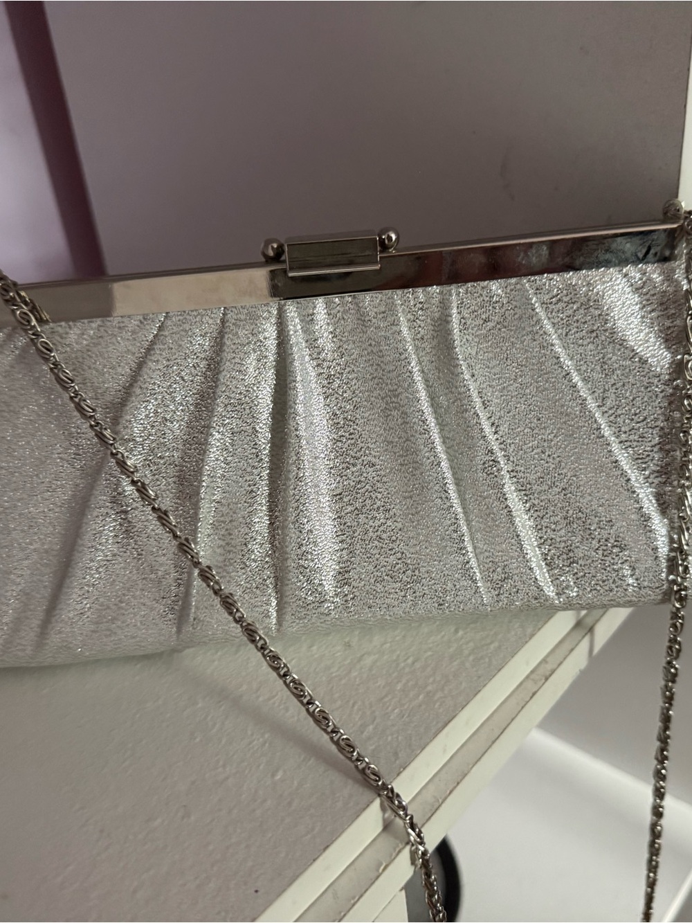 Jessica McClintock Silver Metallic Evening Clutch with Chain